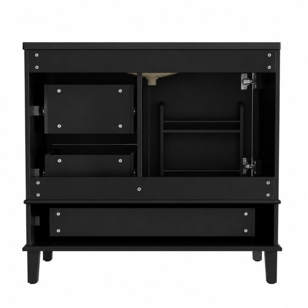 English Elm 36 Inch Freestanding Bathroom Vanity Solid Wood Frame Ceramic Sink Soft Close Storage Black N729P000041B