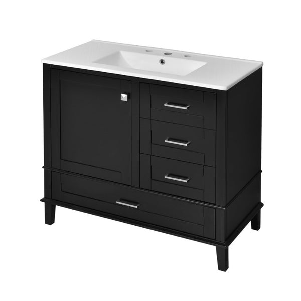 English Elm 36 Inch Freestanding Bathroom Vanity Solid Wood Frame Ceramic Sink Soft Close Storage Black N729P000041B