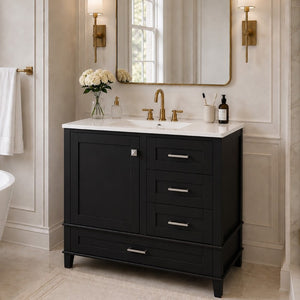 English Elm 36 Inch Freestanding Bathroom Vanity Solid Wood Frame Ceramic Sink Soft Close Storage Black N729P000041B