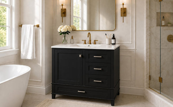 English Elm 36 Inch Freestanding Bathroom Vanity Solid Wood Frame Ceramic Sink Soft Close Storage Black N729P000041B