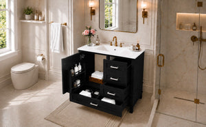 English Elm 36 Inch Freestanding Bathroom Vanity Solid Wood Frame Ceramic Sink Soft Close Storage Black N729P000041B
