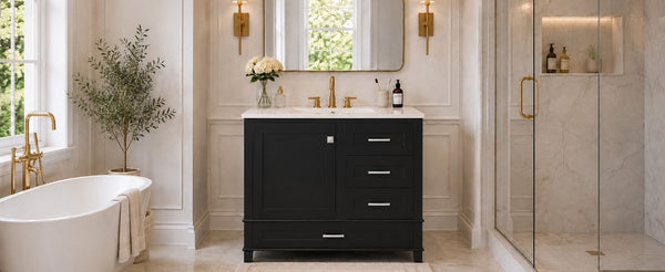 English Elm 36 Inch Freestanding Bathroom Vanity Solid Wood Frame Ceramic Sink Soft Close Storage Black N729P000041B