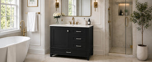 English Elm 36 Inch Freestanding Bathroom Vanity Solid Wood Frame Ceramic Sink Soft Close Storage Black N729P000041B