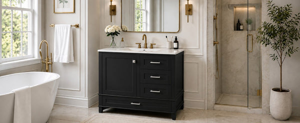 English Elm 36 Inch Freestanding Bathroom Vanity Solid Wood Frame Ceramic Sink Soft Close Storage Black N729P000041B