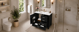 English Elm 36 Inch Freestanding Bathroom Vanity Solid Wood Frame Ceramic Sink Soft Close Storage Black N729P000041B
