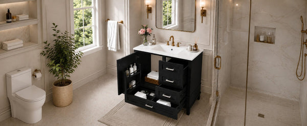 English Elm 36 Inch Freestanding Bathroom Vanity Solid Wood Frame Ceramic Sink Soft Close Storage Black N729P000041B