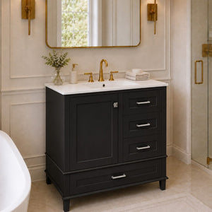 English Elm 36 Inch Freestanding Bathroom Vanity Solid Wood Frame Ceramic Sink Soft Close Storage Black N729P000041B