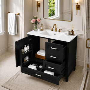 English Elm 36 Inch Freestanding Bathroom Vanity Solid Wood Frame Ceramic Sink Soft Close Storage Black N729P000041B