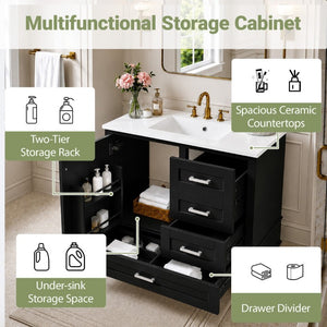 English Elm 36 Inch Freestanding Bathroom Vanity Solid Wood Frame Ceramic Sink Soft Close Storage Black N729P000041B