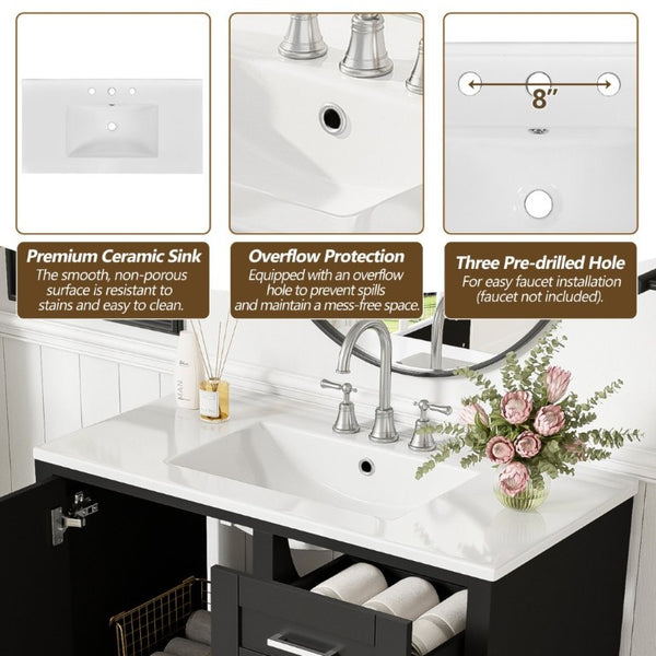 English Elm 36 Inch Freestanding Bathroom Vanity Solid Wood Frame Ceramic Sink Soft Close Storage Black N729P000041B
