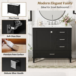 English Elm 36 Inch Freestanding Bathroom Vanity Solid Wood Frame Ceramic Sink Soft Close Storage Black N729P000041B