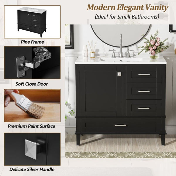 English Elm 36 Inch Freestanding Bathroom Vanity Solid Wood Frame Ceramic Sink Soft Close Storage Black N729P000041B