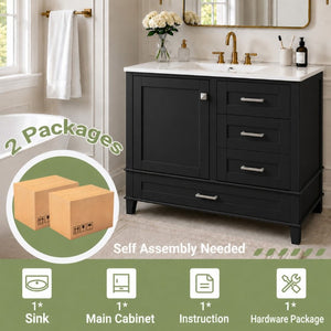 English Elm 36 Inch Freestanding Bathroom Vanity Solid Wood Frame Ceramic Sink Soft Close Storage Black N729P000041B