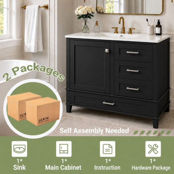 English Elm 36 Inch Freestanding Bathroom Vanity Solid Wood Frame Ceramic Sink Soft Close Storage Black N729P000041B