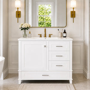 English Elm 36 Inch Freestanding Bathroom Vanity Solid Wood Frame Ceramic Sink Soft Close Storage White N729P000041K