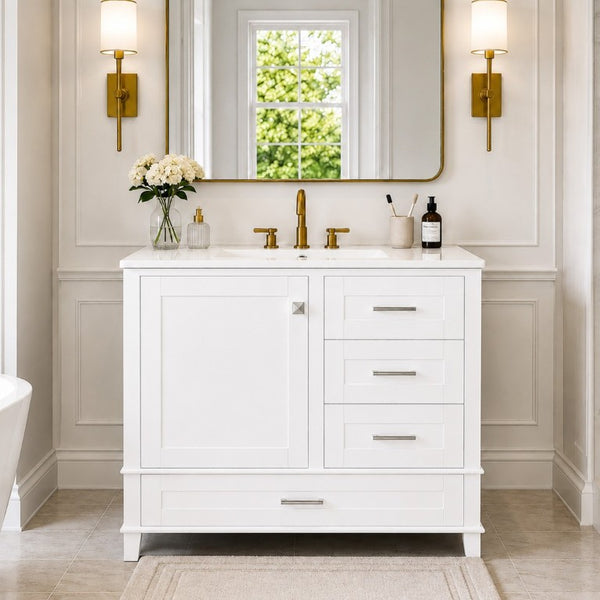 English Elm 36 Inch Freestanding Bathroom Vanity Solid Wood Frame Ceramic Sink Soft Close Storage White N729P000041K