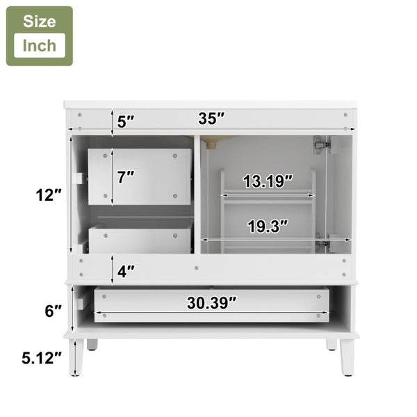 English Elm 36 Inch Freestanding Bathroom Vanity Solid Wood Frame Ceramic Sink Soft Close Storage White N729P000041K