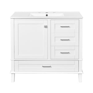 English Elm 36 Inch Freestanding Bathroom Vanity Solid Wood Frame Ceramic Sink Soft Close Storage White N729P000041K