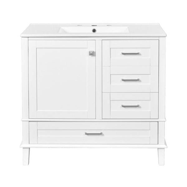 English Elm 36 Inch Freestanding Bathroom Vanity Solid Wood Frame Ceramic Sink Soft Close Storage White N729P000041K