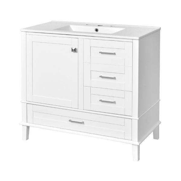 English Elm 36 Inch Freestanding Bathroom Vanity Solid Wood Frame Ceramic Sink Soft Close Storage White N729P000041K