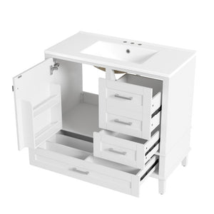English Elm 36 Inch Freestanding Bathroom Vanity Solid Wood Frame Ceramic Sink Soft Close Storage White N729P000041K