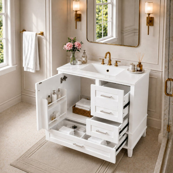 English Elm 36 Inch Freestanding Bathroom Vanity Solid Wood Frame Ceramic Sink Soft Close Storage White N729P000041K