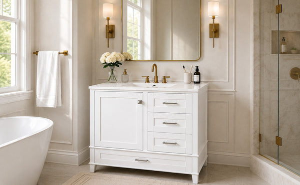 English Elm 36 Inch Freestanding Bathroom Vanity Solid Wood Frame Ceramic Sink Soft Close Storage White N729P000041K
