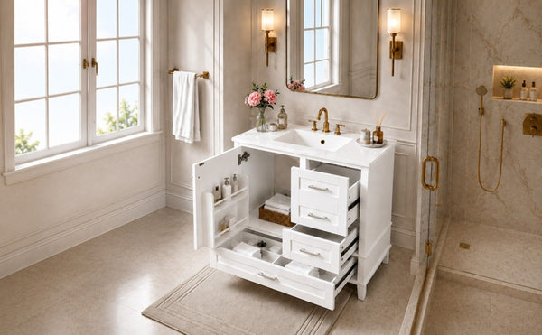 English Elm 36 Inch Freestanding Bathroom Vanity Solid Wood Frame Ceramic Sink Soft Close Storage White N729P000041K