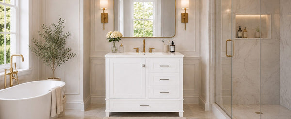 English Elm 36 Inch Freestanding Bathroom Vanity Solid Wood Frame Ceramic Sink Soft Close Storage White N729P000041K