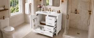 English Elm 36 Inch Freestanding Bathroom Vanity Solid Wood Frame Ceramic Sink Soft Close Storage White N729P000041K