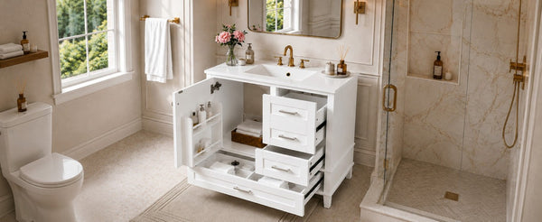 English Elm 36 Inch Freestanding Bathroom Vanity Solid Wood Frame Ceramic Sink Soft Close Storage White N729P000041K