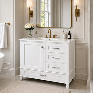 English Elm 36 Inch Freestanding Bathroom Vanity Solid Wood Frame Ceramic Sink Soft Close Storage White N729P000041K