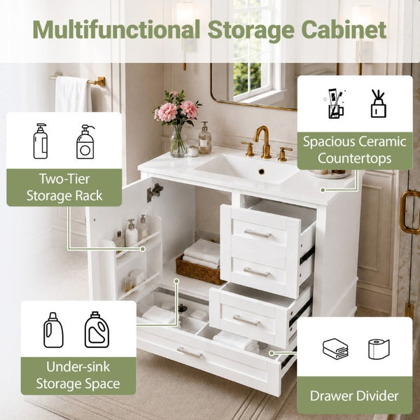 English Elm 36 Inch Freestanding Bathroom Vanity Solid Wood Frame Ceramic Sink Soft Close Storage White N729P000041K
