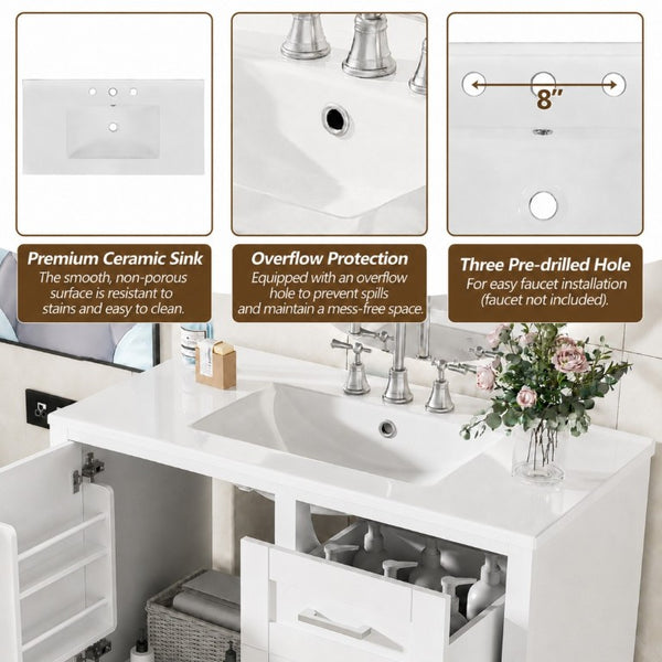 English Elm 36 Inch Freestanding Bathroom Vanity Solid Wood Frame Ceramic Sink Soft Close Storage White N729P000041K