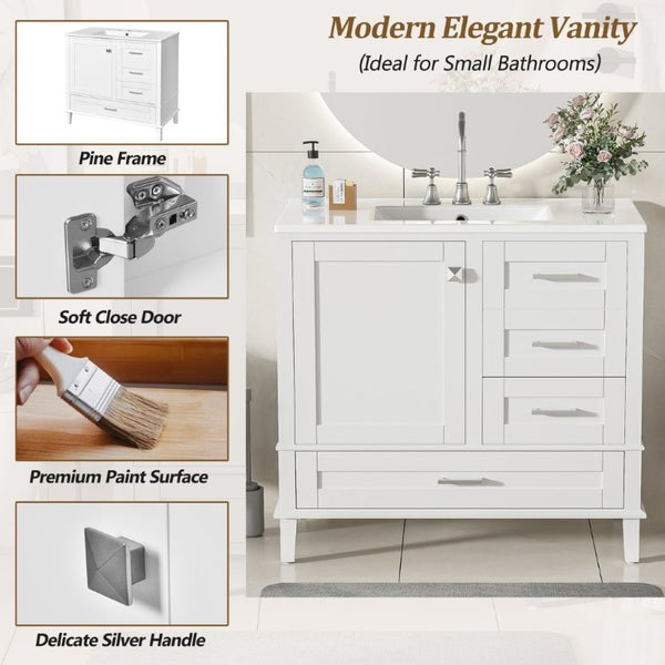 English Elm 36 Inch Freestanding Bathroom Vanity Solid Wood Frame Ceramic Sink Soft Close Storage White N729P000041K