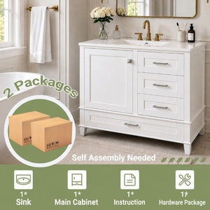 English Elm 36 Inch Freestanding Bathroom Vanity Solid Wood Frame Ceramic Sink Soft Close Storage White N729P000041K
