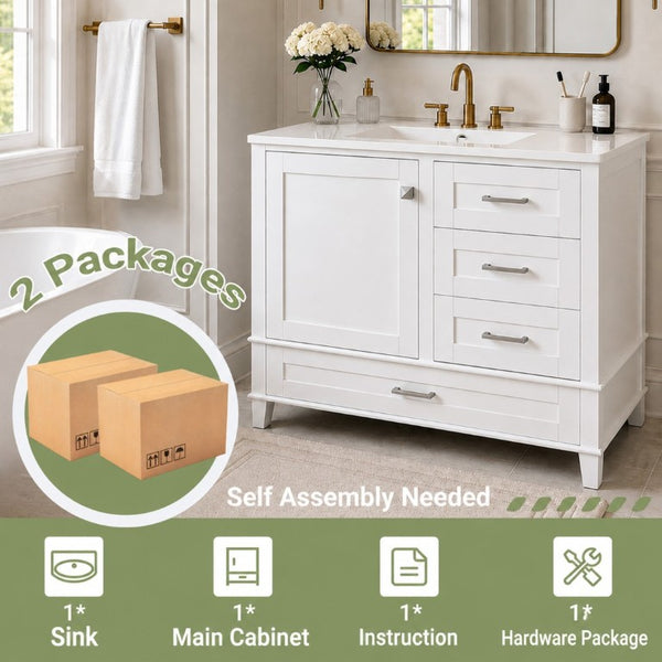 English Elm 36 Inch Freestanding Bathroom Vanity Solid Wood Frame Ceramic Sink Soft Close Storage White N729P000041K