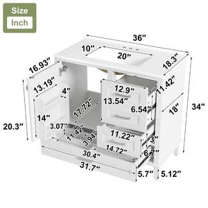 English Elm 36 Inch Freestanding Bathroom Vanity Solid Wood Frame Ceramic Sink Soft Close Storage White N729P000041K