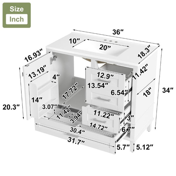 English Elm 36 Inch Freestanding Bathroom Vanity Solid Wood Frame Ceramic Sink Soft Close Storage White N729P000041K