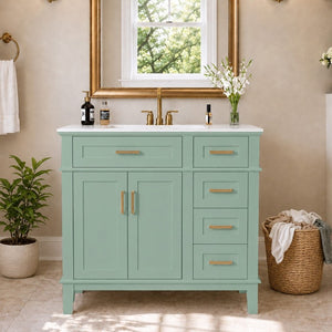 English Elm 36 Inch White Bathroom Vanity with Ceramic Sink Four Drawers and Soft Close Storage Light Green N729P000042F