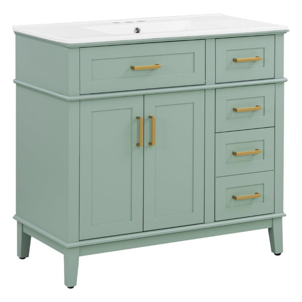English Elm 36 Inch White Bathroom Vanity with Ceramic Sink Four Drawers and Soft Close Storage Light Green N729P000042F