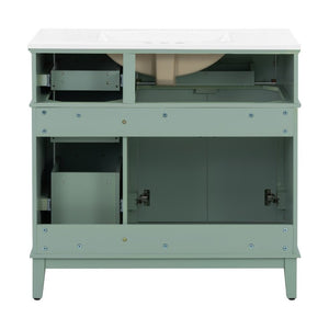 English Elm 36 Inch White Bathroom Vanity with Ceramic Sink Four Drawers and Soft Close Storage Light Green N729P000042F