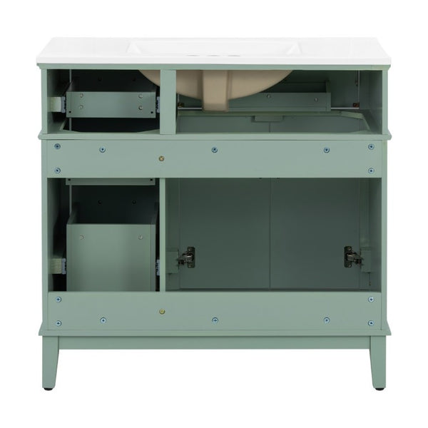 English Elm 36 Inch White Bathroom Vanity with Ceramic Sink Four Drawers and Soft Close Storage Light Green N729P000042F