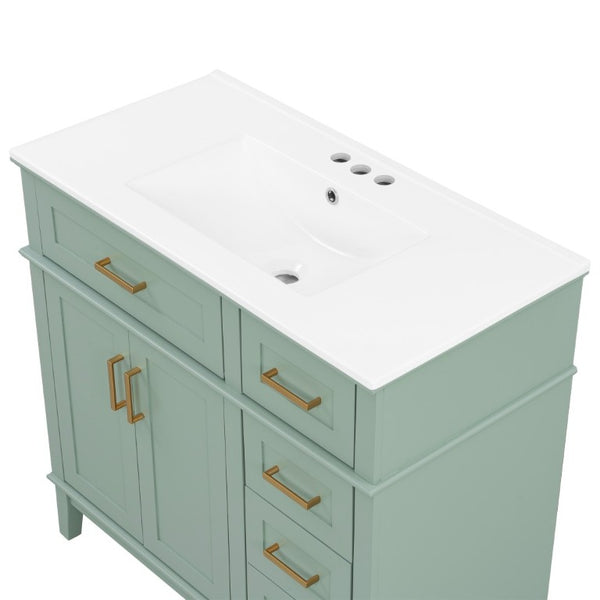 English Elm 36 Inch White Bathroom Vanity with Ceramic Sink Four Drawers and Soft Close Storage Light Green N729P000042F