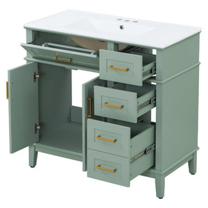 English Elm 36 Inch White Bathroom Vanity with Ceramic Sink Four Drawers and Soft Close Storage Light Green N729P000042F
