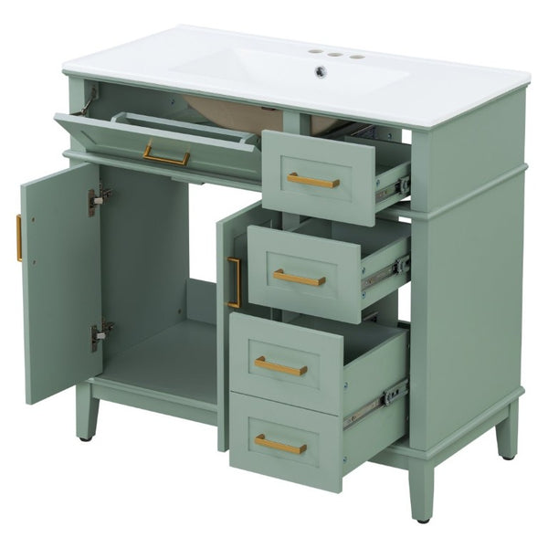 English Elm 36 Inch White Bathroom Vanity with Ceramic Sink Four Drawers and Soft Close Storage Light Green N729P000042F