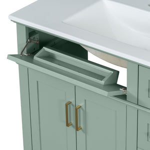 English Elm 36 Inch White Bathroom Vanity with Ceramic Sink Four Drawers and Soft Close Storage Light Green N729P000042F