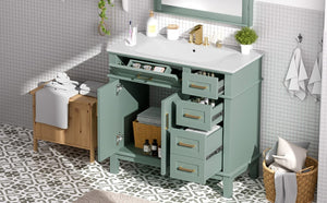 English Elm 36 Inch White Bathroom Vanity with Ceramic Sink Four Drawers and Soft Close Storage Light Green N729P000042F