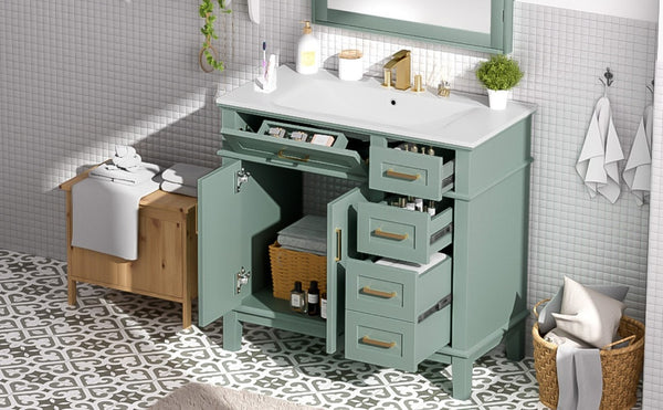 English Elm 36 Inch White Bathroom Vanity with Ceramic Sink Four Drawers and Soft Close Storage Light Green N729P000042F