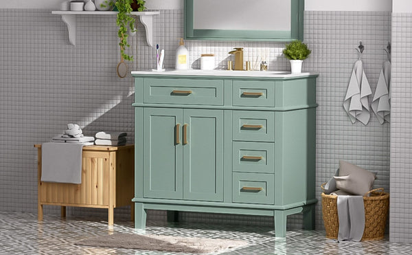 English Elm 36 Inch White Bathroom Vanity with Ceramic Sink Four Drawers and Soft Close Storage Light Green N729P000042F
